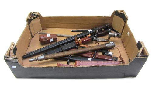 A Remington World War One bayonet, stamped 1913, an English World War One bayonet, a spike bayonet, various other edged weapons and a set of four silv