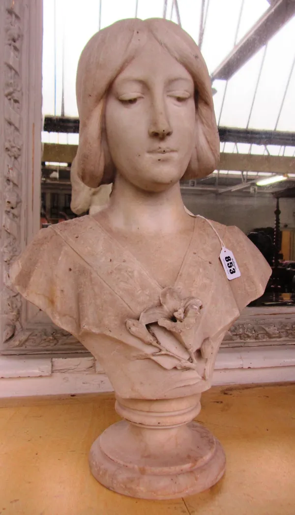 R. Battelli (Italian), a carved white marble bust circa 1900, depicting a young lady, on a socle, signed 'R. Battelli', 47cm high.