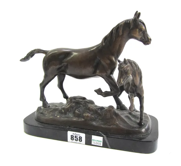 A bronze equestrian group, 20th century, depicting a horse and foal atop a naturalistic base and marble plinth, 25cm wide, and one further composite b