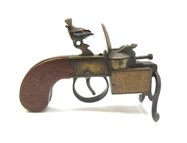 A Dunhill 'tinder pistol' table lighter in the form of an 18th century flintlock pistol, 15cm, a Colibra gilt metal lighter, a DuPont lighter, an 'Orl