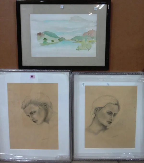 L. Stefanetti (20th century), Head studies, two, pencil, both signed, each 44cm x 34cm.; together with a watercolour landscape sketch by another hand.
