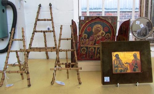 A quantity  of collectables, including; a miniature bamboo painting stand / easel (38cm high), two smaller, a Continental bead work fan, a plated tabl