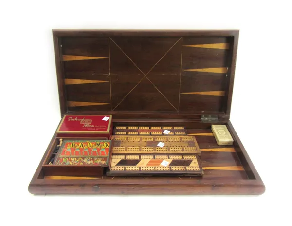 A 19th century Irish Killarney arbutus and boxwood folding chess/backgammon board, together with counters and pieces, 57cm wide (a.f).