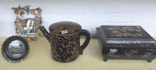 A Japanese 20th century gilt lacquered kettle with all over foliate design (21cm high), a Japanese lacquer box with mother of pearl inlay, a papier ma