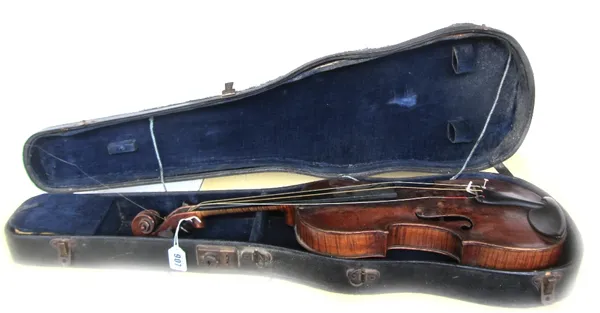 A violin, 19th century, interior paper label reads 'Franceso Rugetti du il per in Cremona Anno 1629', with one piece back (14 inches) (a.f), with hard