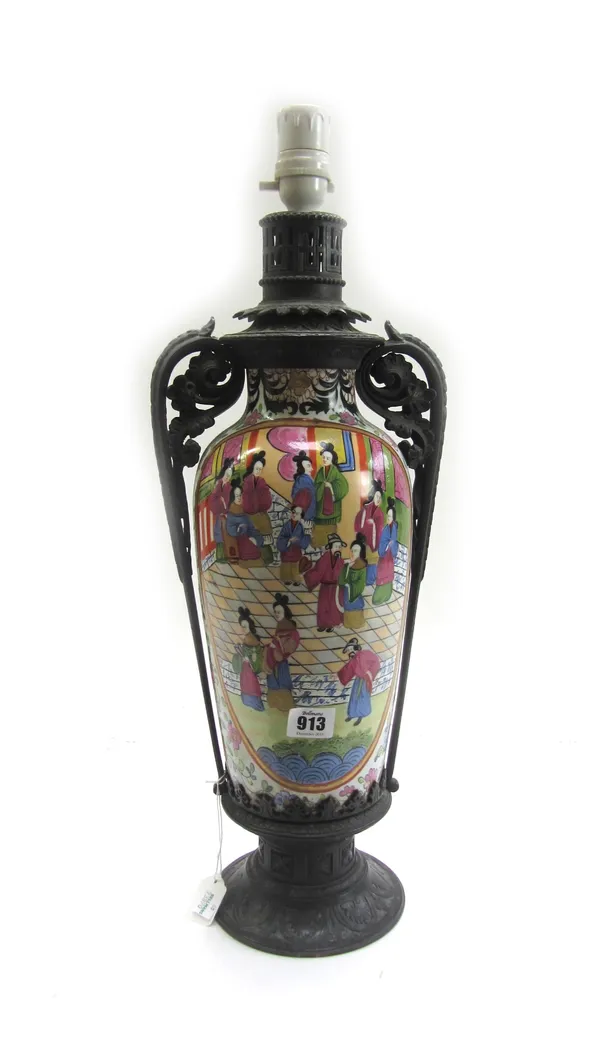 A Chinese vase with reserves painted with palace scenes, now mounted as a lamp, with patinated bronze mounts, 49cm high excluding fitments.  60