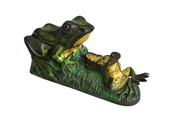 A polychrome painted cast iron novelty money box, circa 1880, in the form of two frogs, designed by James Bolan for J&E Stevens, 22cm wide.  Illustrat