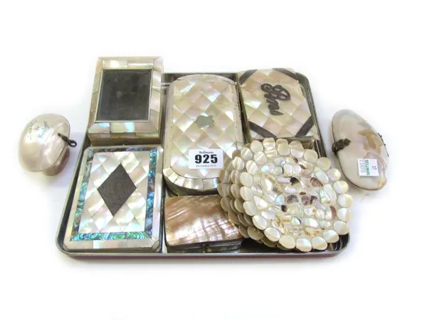 A Victorian mother-of-pearl cased sewing etui, late 19th century, together with a mother-of-pearl and abalone shell inlaid visiting card case, 10.5cm,