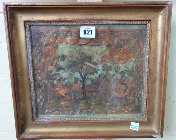 A French straw work picture, dated 1818, depicting Neptune and chariots in an underwater scene, framed and glazed (23cm x 20cm) and one similar straw