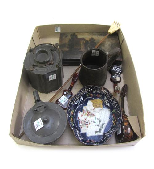 A pierced metal and enamel gaming dish, hand painted with playing cards (13cm), a 19th century painted wooden box depicting a lady praying at a shrine