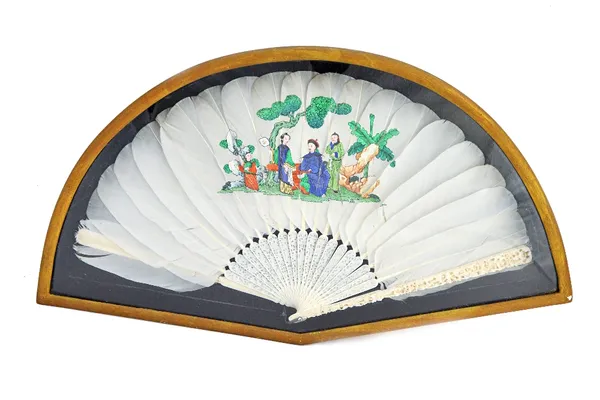 An early 20th century Chinese export painted feather fan, detailed with an Oriental figure group against a landscape, the ivory sticks finely carved w