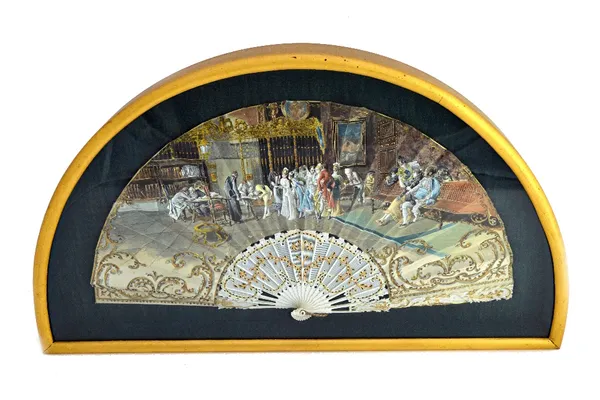 A late 19th century Continental painted silk 'Marriage' fan, the ivory sticks with gilt and pierced foliate carved decoration, 24cm, cased.  Illustrat