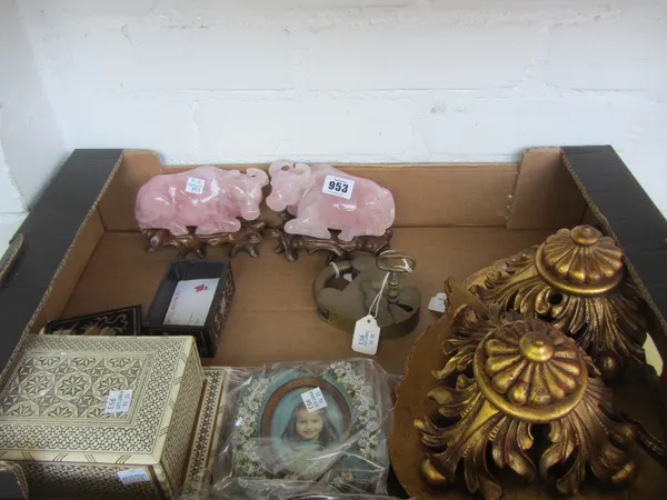 A quantity of collectables, comprising; a pair of Chinese carved rose quartz buffalo, 14cm, on hardwood stands, an Italian micromosaic picture frame (