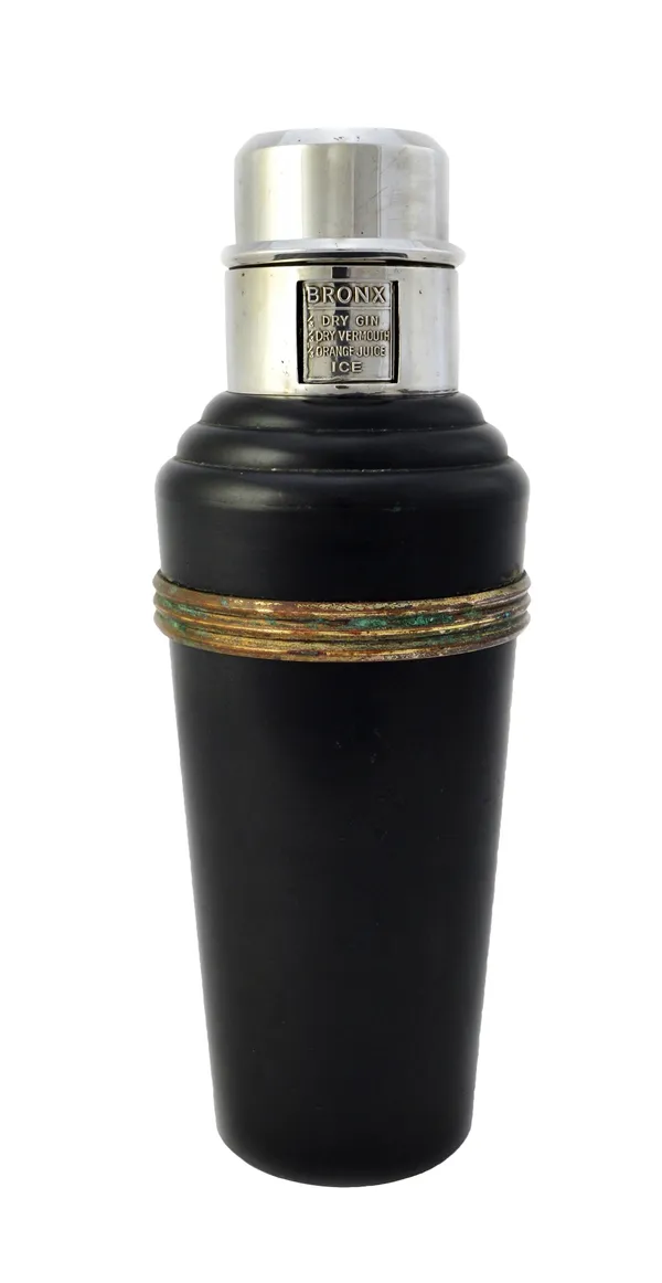 A 'Master Incolor' cocktail shaker by Raphael & Lawson Clarke, British, circa 1930, black Bakelite and silver plated metal, 27.5cm high.  Illustrated
