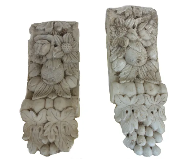 Two pairs of carved marble corbels, and one further, each foliate or acanthus carved (a.f), 34cm high (5).