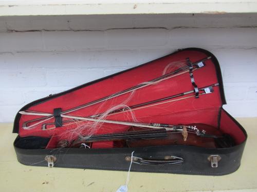 A violin, 19th century, interior paper label reads 'model Antonius Stradivarius Violin Cremonensis Faciebat Anno 1721', 14 inches, together with three