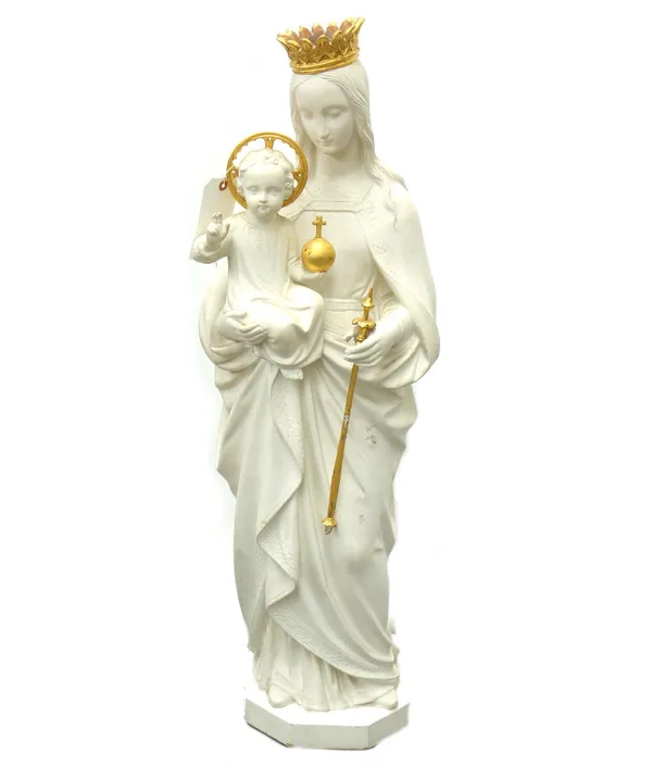 A white plaster figure group, 20th century, depicting a young Jesus and mother Mary, each with gilt heightened crown and sceptre, raised on an integra