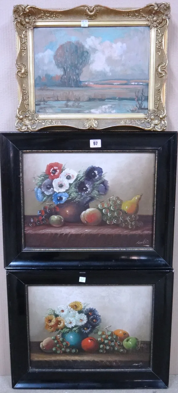 ** Tovelli (early 20th century), Still life studies of fruit and flowers, a pair, oil on board, both signed, each 28cm x 40cm.; together with a furthe