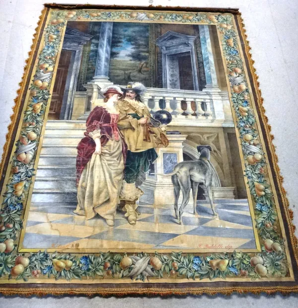P. Baldelli; a hand painted wall hanging depicting a lady and a gentleman standing by steps with a dog, 160cm x 120cm.