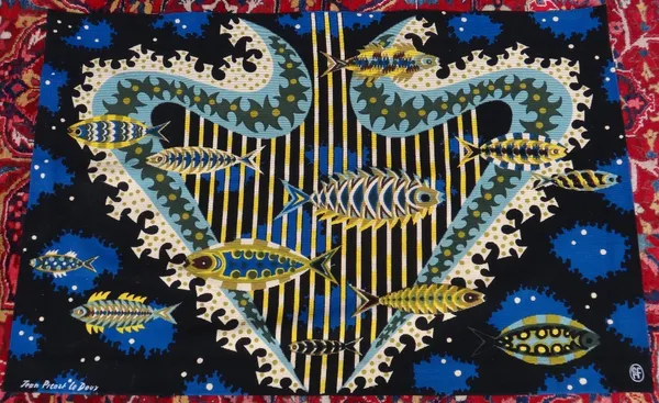 After Jean Picart Le Doux; 'La Harpe Marine', tapestry with a composition of fish, with painted signature and maker's initials 'ERF', 150cm x 100cm.