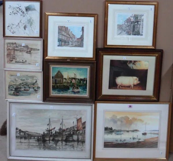 A group of assorted pictures and prints, including a watercolour of Bosham by Brian Peskett, three watercolours of Looe signed Poggio, an oil of boats