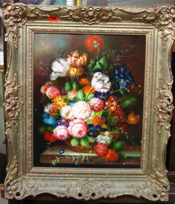 **Michele (modern), Dutch style still life of flowers, oil on panel, signed.