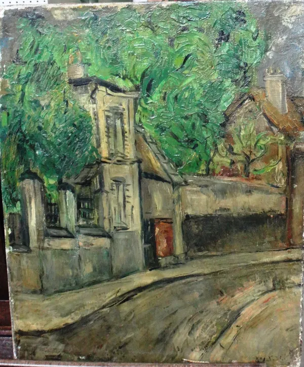French School (20th century), Wooded Street Scene, oil on canvas, unframed.