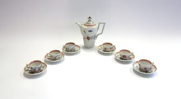 A Meissen (Marcoloni) part coffee service, circa 1800, blue crossed swords and star marks, painted Kakiemon foliate decoration, comprising; a coffee p