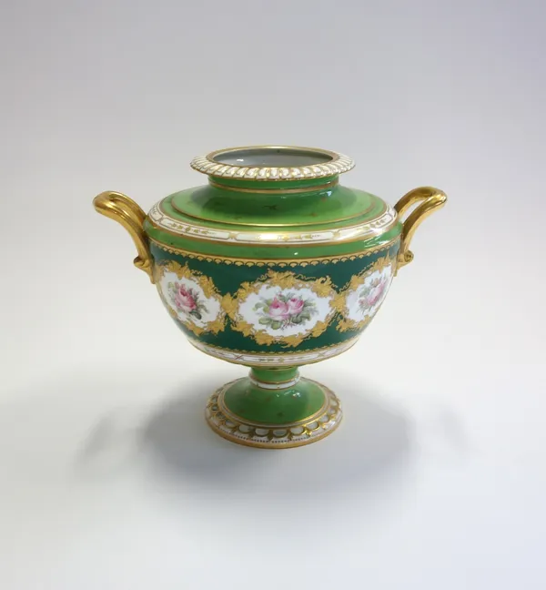 A Royal Crown Derby porcelain two handled urn (lacking cover), early 20th century, foliate painted with bands of roses against a gilt heightened apple