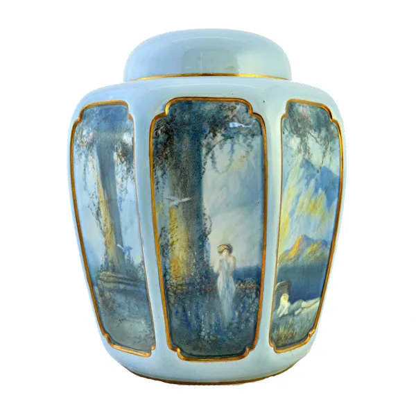 An unusual Royal Worcester porcelain ginger jar and cover, circa 1930, the octagonal body with eight panels painted with figures against a lakescape,
