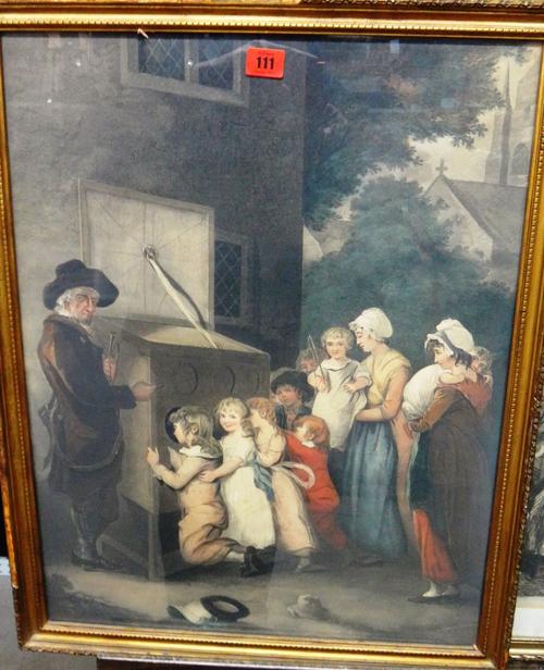 English School (c.1900), The Peep Show, mezzotint with hand colouring; together with an etching of figures in an interior. (2)