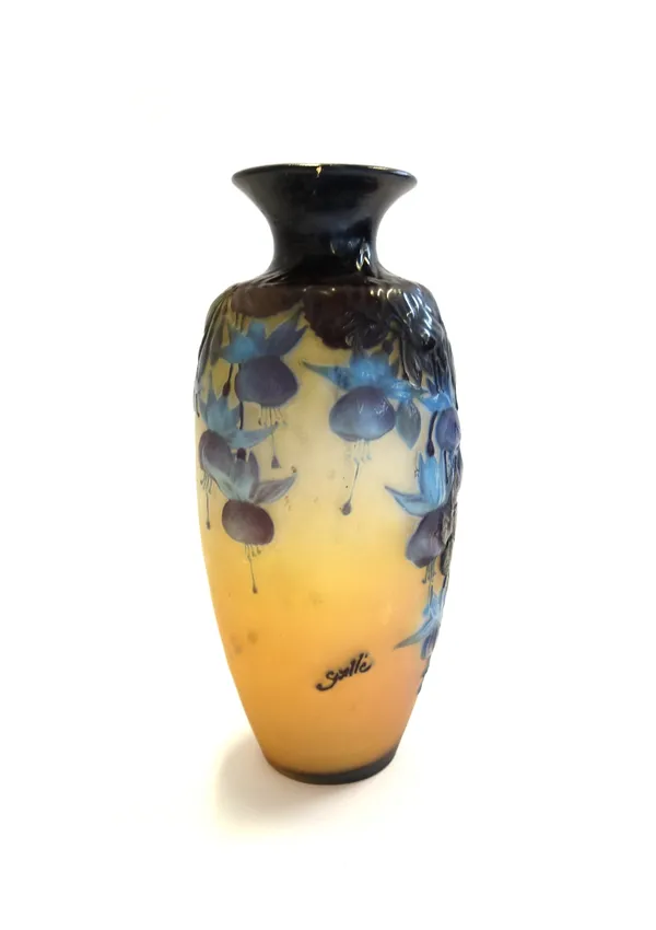 A Galle cameo glass vase, early 20th century, moulded with purple and blue exotic flowers against a yellow ground, signed Galle to the body (a.f), 30c