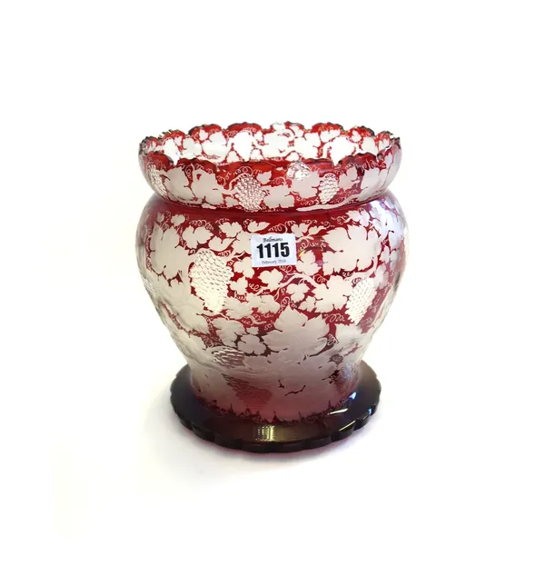 A ruby etched glass jardiniere, early 20th century, engraved with cherubic figures within fruiting vines (a.f), 24cm high, together with two Art Nouve