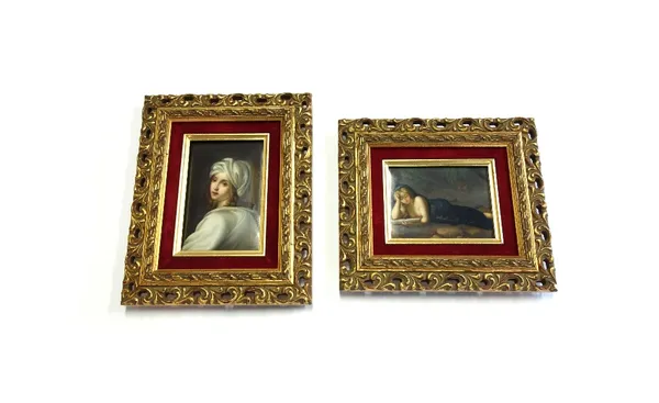 Two Continental porcelain plaques, late 19th century, probably German, in modern gilt gesso frames, 12cm x 9cm. (2)
