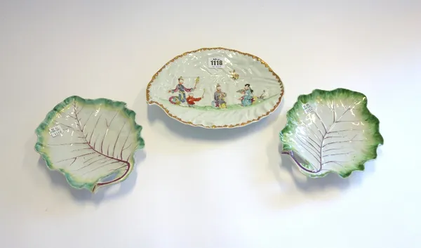 A Worcester cabbage leaf moulded dish, circa 1758, painted with four Chinese figures in a garden inside a gilt spearhead border, 24cm. wide; also a pa