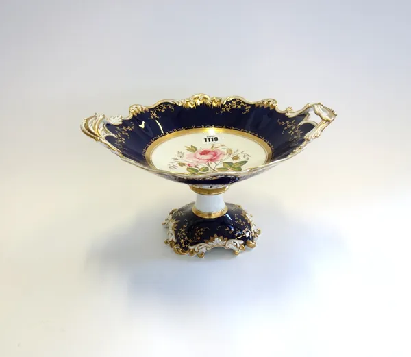 A Ridgway porcelain part dessert service, circa 1845-50, painted with flower studies against a deep blue ground, comprising; a two-handled comport, fo