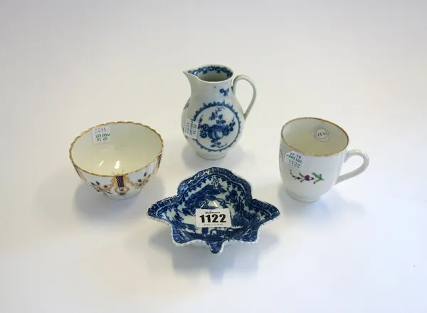 Four pieces of Caughley porcelain, late 18th century, comprising; a blue and white leaf shaped pickle dish printed with the `Fisherman and Cormorant'
