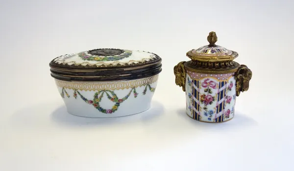 A Sevres style porcelain and ormolu mounted inkwell, early 20th century, the lid lifting to reveal a porcelain reservoir, the foliate and gilt decorat