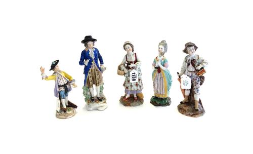 A pair of Continental porcelain figures, 20th century depicting a male and female in foliate decorated period dress, blue printed marks, 18cm high, a