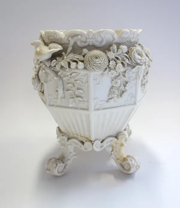 A Belleek porcelain jardiniere, black painted mark, floral encrusted decoration against an octagonal body, (a.f), 28cm high and a Russian 20th century