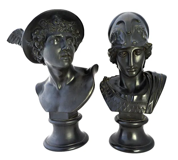 Two Wedgwood black basalt busts of Mercury and Minerva, each raised on a socle, impressed marks to the rear, 47cm high (2).  Illustrated
