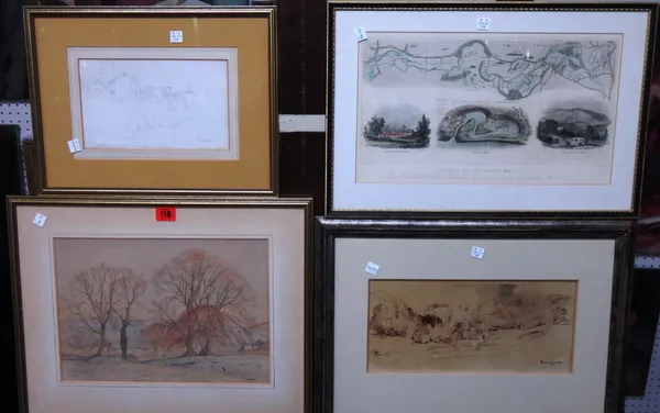A group of four, including a watercolour of autumn trees signed F. E. Allen, a pencil sketch of Durham, a sepia watercolour landscape signed Marten, a