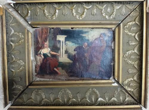 Continental school (19th century), Figures in a pastoral landscape, classical ruins beyond, oil on canvas, unframed and unstretched, 15cm x 23cm.