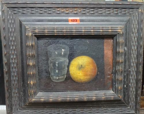 Continental school (19th/20th century), Still life of apple and glass, oil on board.