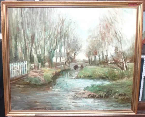 Continental School (20th century), Wooded River Landscape, oil on canvas, indistinctly signed.