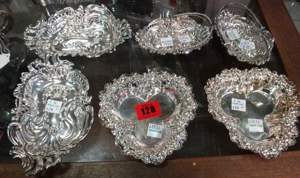 A group of six silver bonbon dishes, each with embossed decoration, various dates, 298gms.