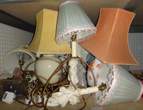 A group of six assorted table lamps in an Oriental carved stone base, (a.f)