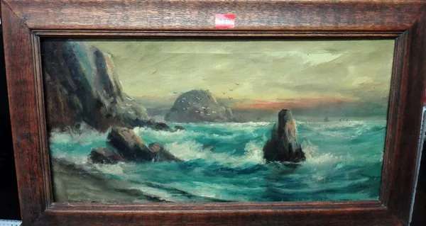 English School (c.1900), Breakers on a rocky coast, oil on canvas, indistinctly signed.