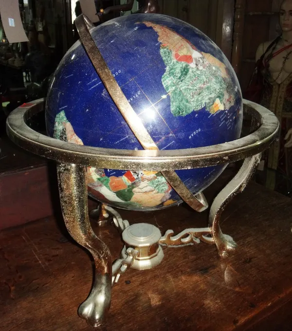 A 20th century gilt metal and specimen stone terrestrial globe.