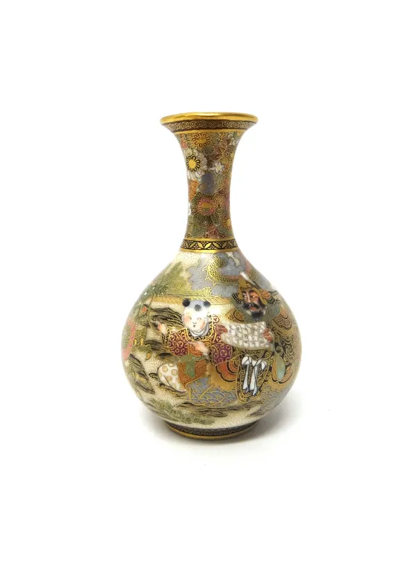 A small Japanese Satsuma bottle vase, Meiji period, painted with a broad band of figures in a landscape beneath a neck painted with dense flowers, sig